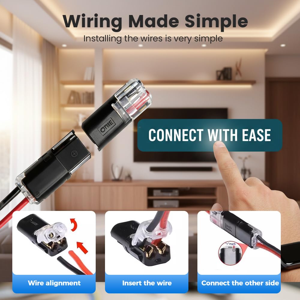 Double-Wire Plug-in Connector with Locking Buckle,Led Light Strip Connectors,2 Pin Solderless Quick Low Voltage Wire Connectors,for 18-22AWG Wire (50PCS)