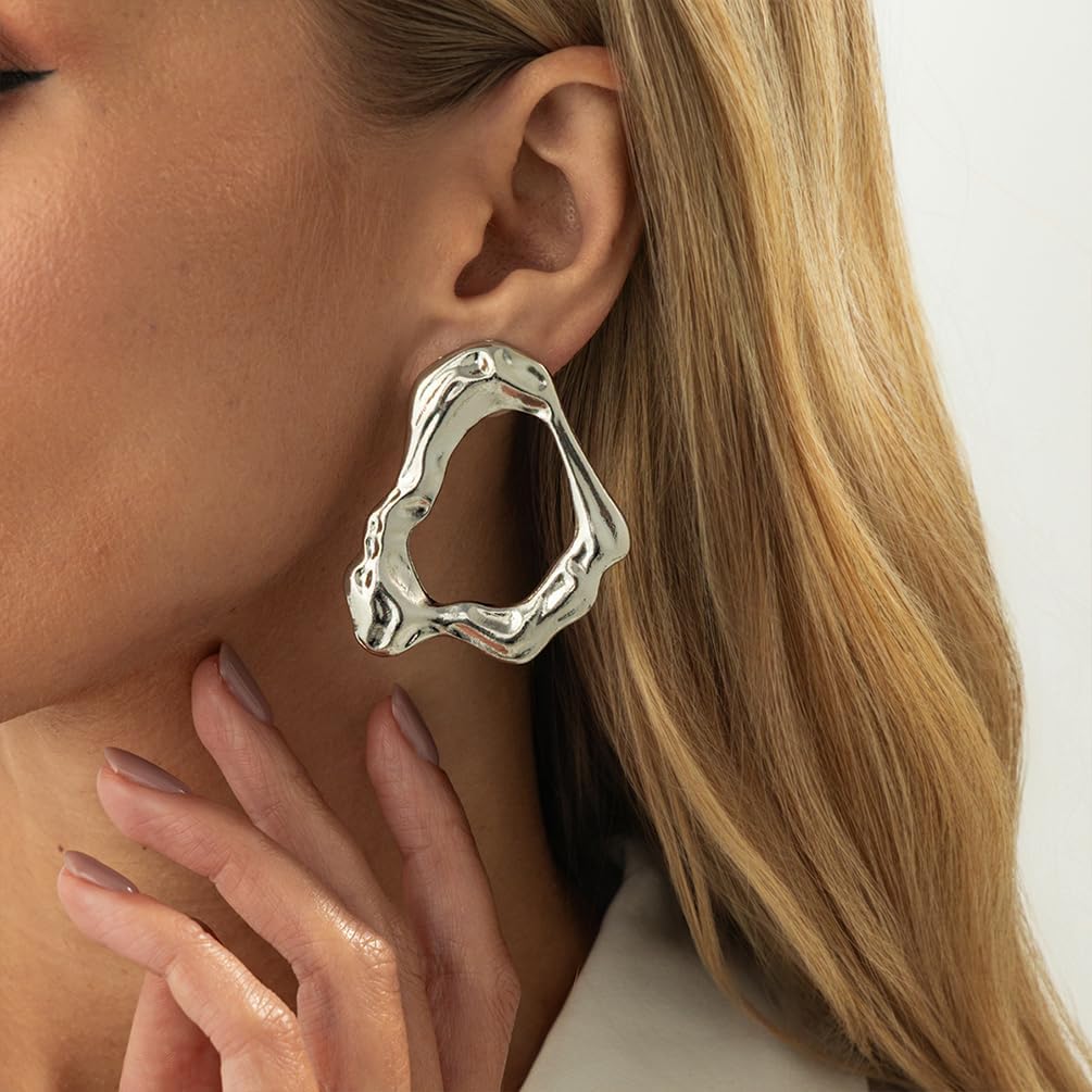 Unique Gold Irregular Hollow Drop Stud Earrings for Women Chunky Statement Hammered Geometric Earring Trendy Y2K Simple Party Jewelry Accessories Gift - Image 4