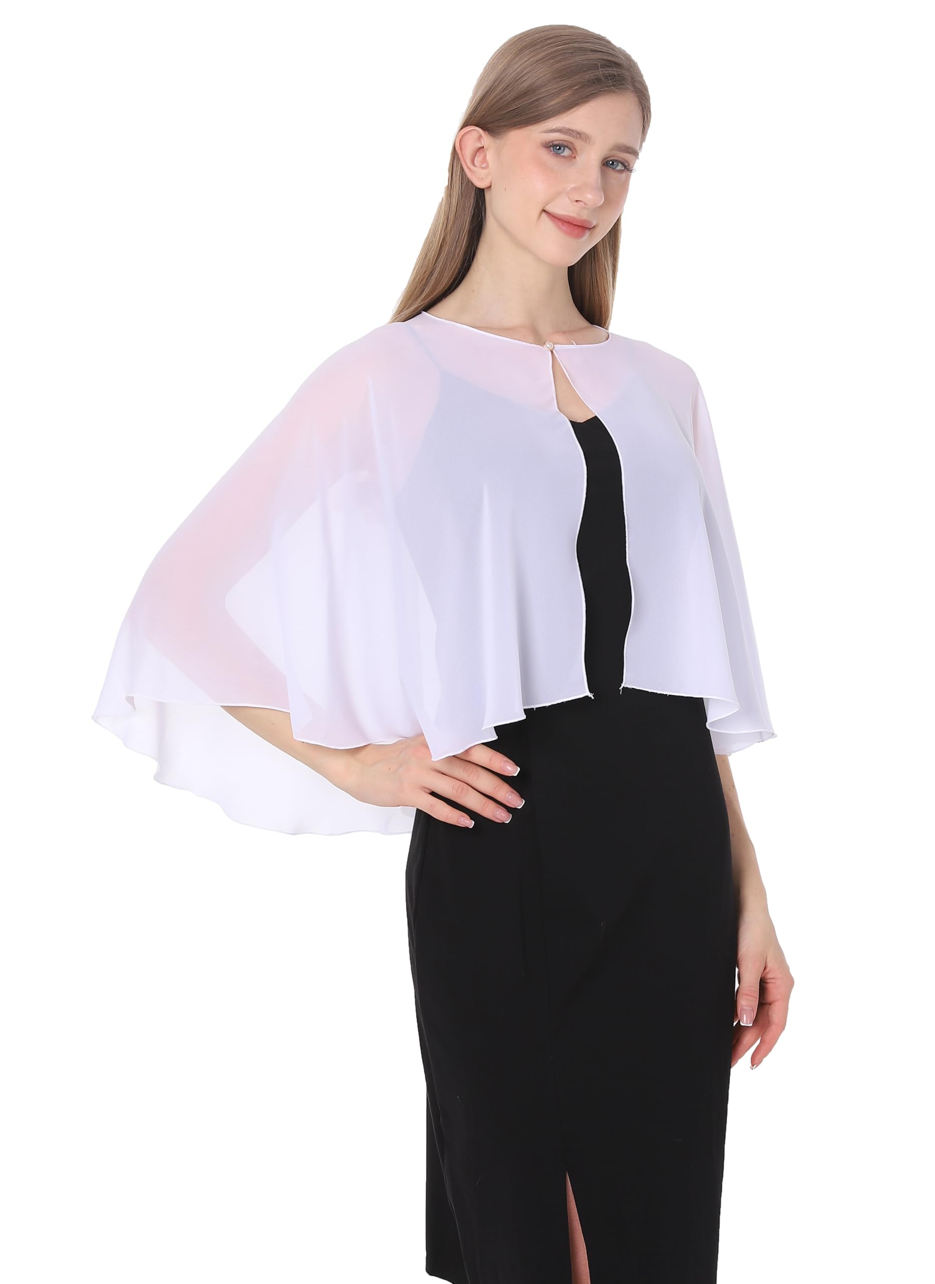 Baoqiya Chiffon Capelet Bridal Capes Soft Shawls and Wraps for Dresses Women Accessories, White1(plus), One Size