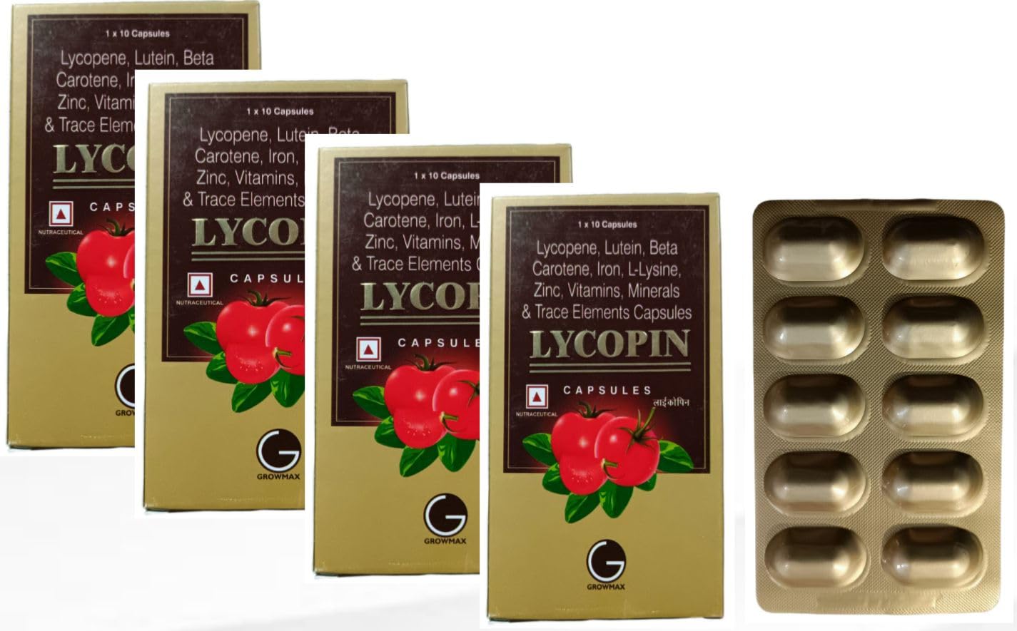 Lycopin Capsules with Lycopene, Lutein, Beta Carotene, Iron, L-Lysine, Zinc, Vitamins and Minerals, 10 Capsules Pack of-4