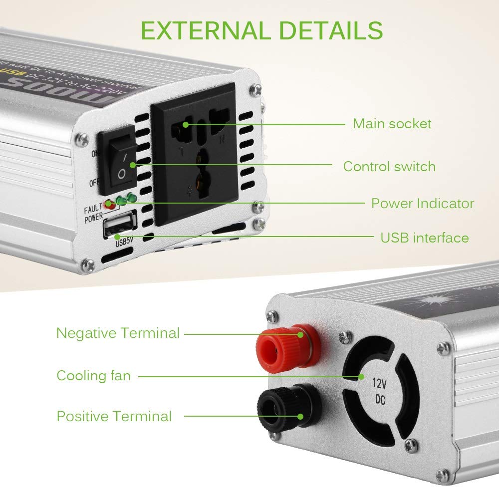 Inverter, Inverter Onda Pura 500W Inverter 12 V 220 V trasformatore di tensione Charger DC 12V a 220V AC convertitore di potere con USB Alimentatore da auto Potenza di picco 1000W