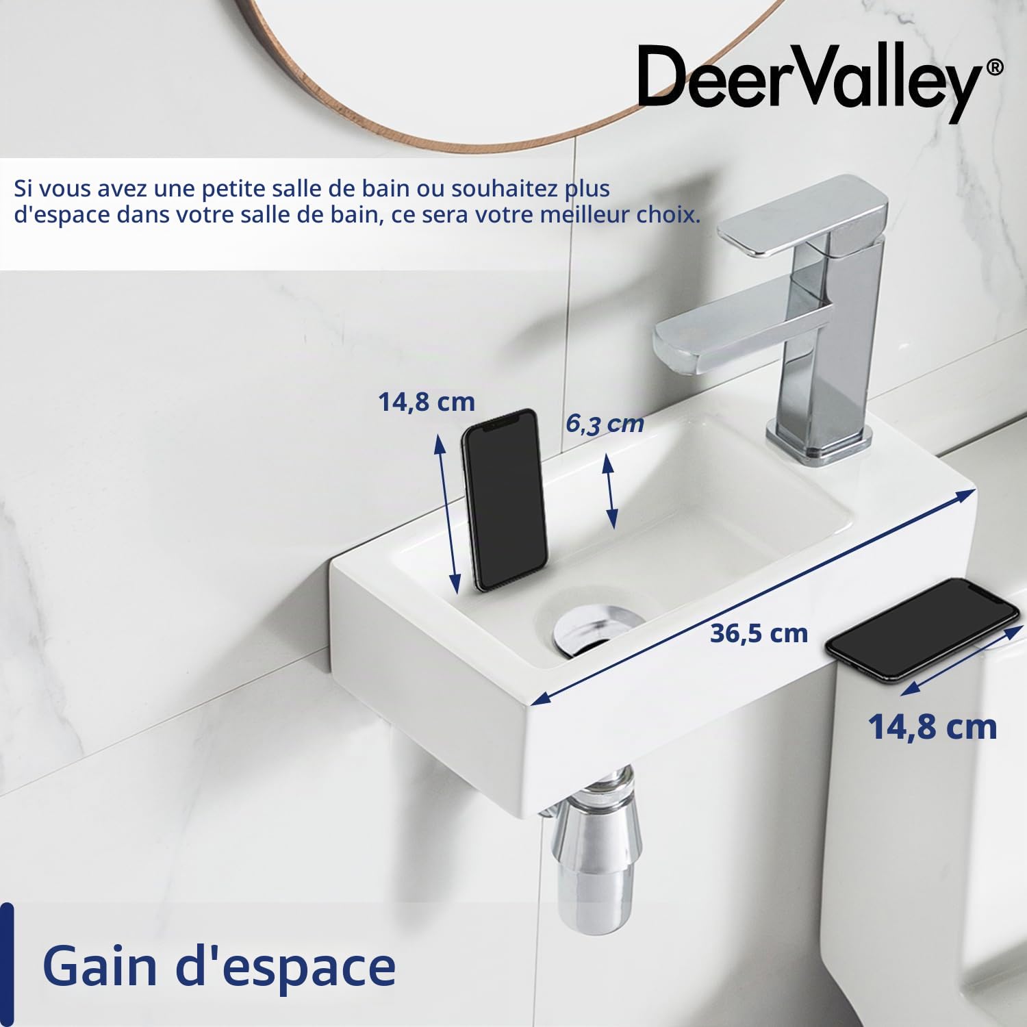 DeerValley DV-1V081R Lavabo suspendu en céramique pour salle de bain, rectangulaire blanc (A droite)