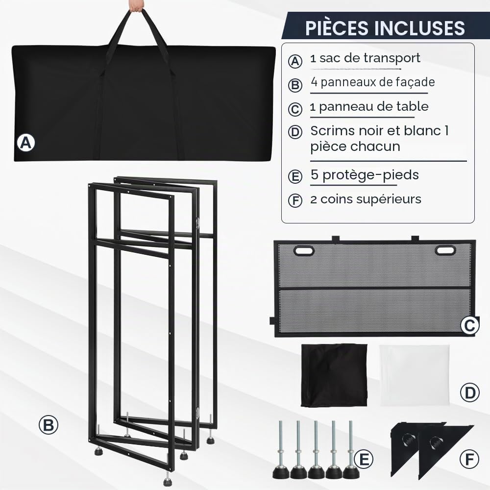 Kokorona Cabine DJ portable 108 x 51 x 115 cm avec deux coins supérieurs, cabine de façade DJ avec trou pour câble, support de table DJ avec bande lumineuse et télécommande, cadre en métal + Scrims