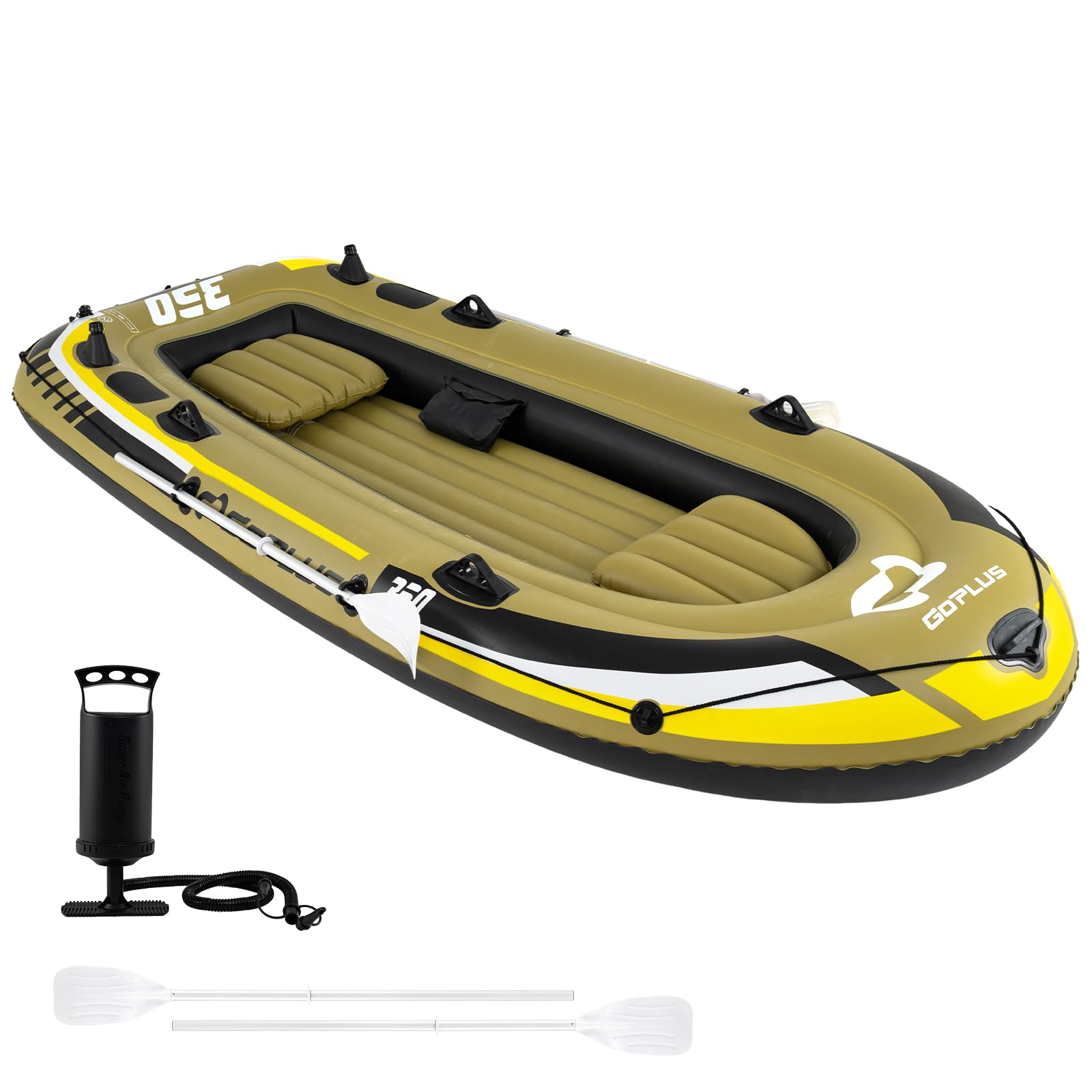 COSTWAY Schlauchboot für 3 Personen, aufblasbares Boot mit 2 Paddeln, Handpumpe, Fischmaßbändern & Angelrutenhaltern, 305 x 136 x 42 cm