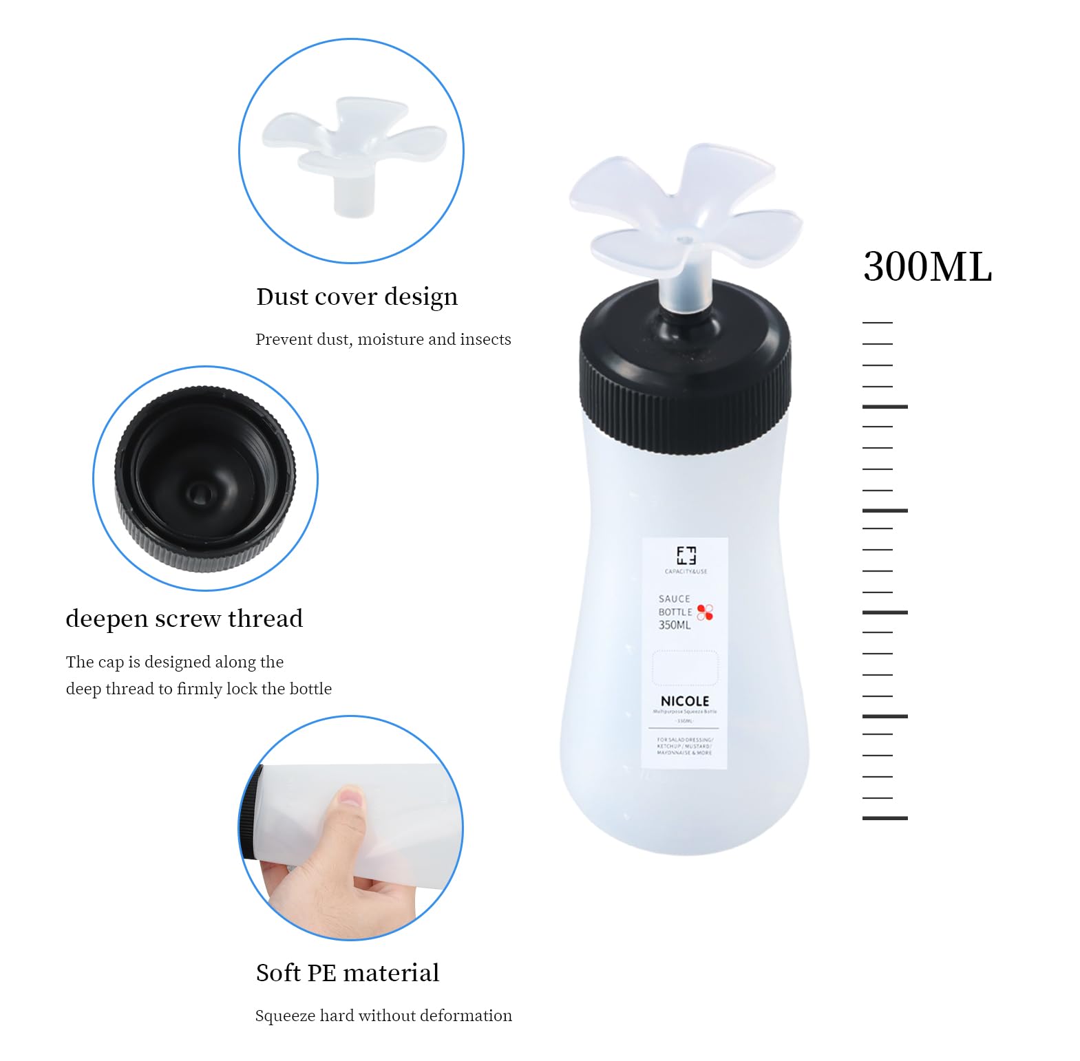 Nivofu 5 sztuk butelek do wyciskania z nakrętkami, 350 ml, plastikowe butelki do wyciskania z dyszami, do wielokrotnego napełniania, do keczupu, sosów, syropów, sosów