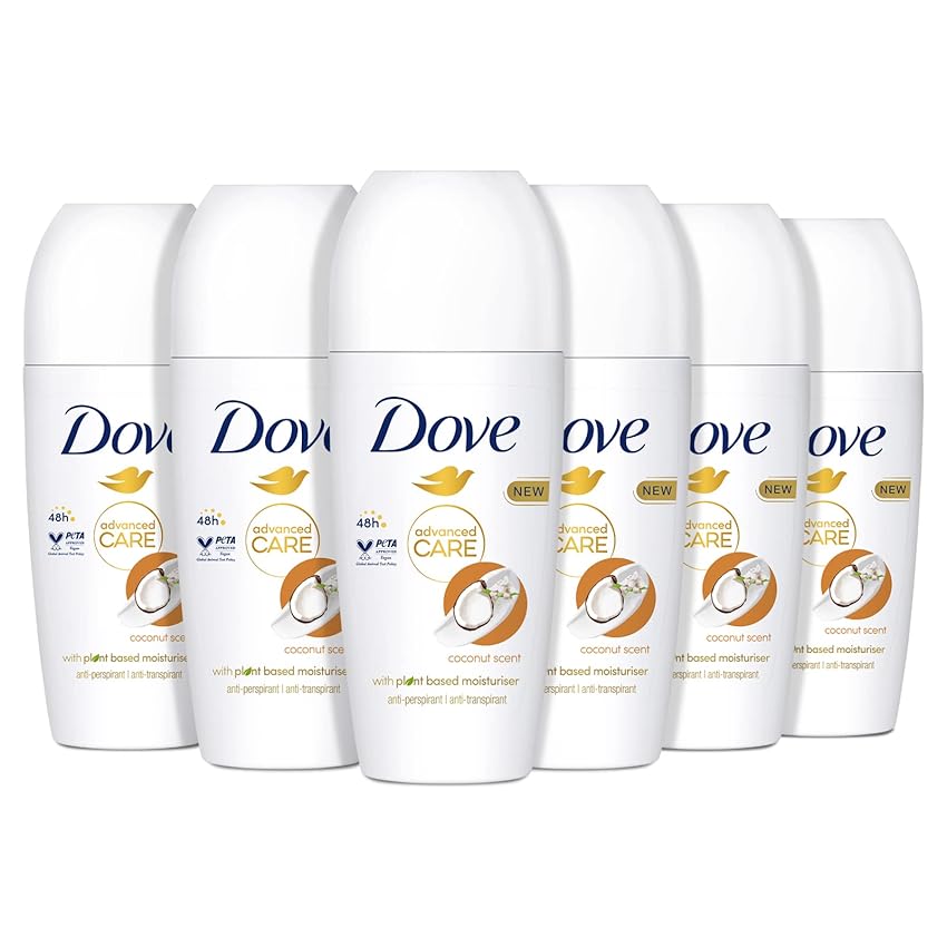 Immagine del prodotto Dove, Deodorante Roll On Advanced Care Cocco, Antitraspirante, Formula Delicata Con Tripla Azione Idratante, Protezione Fino a 48 Ore, Uomo e Donna, 6 Pezzi da 50 ml
