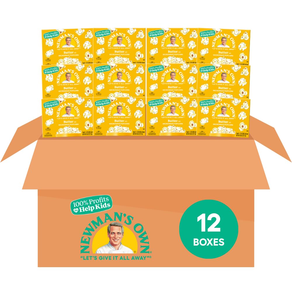 Newman's Own Microwave Popcorn - Butter | Kosher | Made with Whole Grain Popcorn | No Artificial Flavors | No Trans Fats | 3.2 oz Bag, 3 Bags Per Box (12 Boxes, 36 Bags Total)