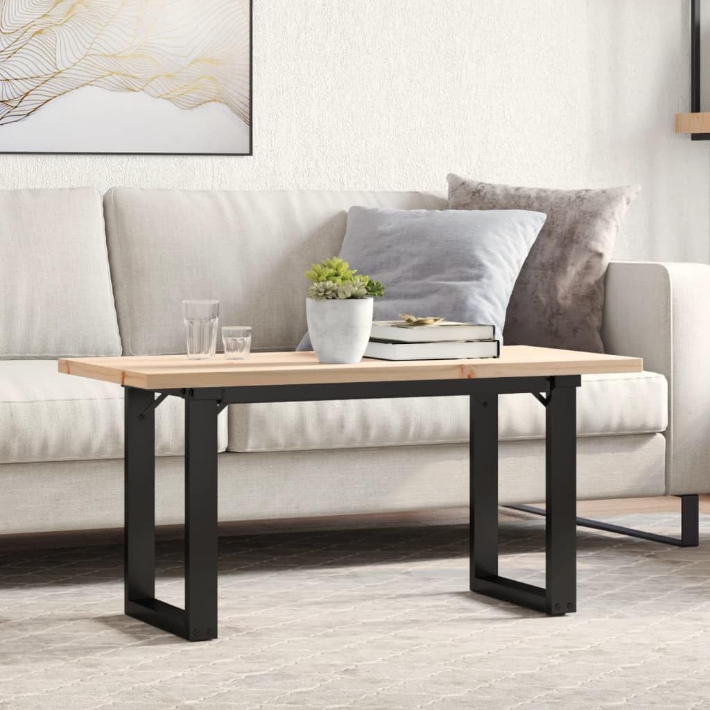 Tavolino da salotto in legno massello di pino con struttura a O in acciaio verniciato a polvere, 100 x 50 x 45,5 cm, robusto mobile da soggiorno in stile rustico industriale