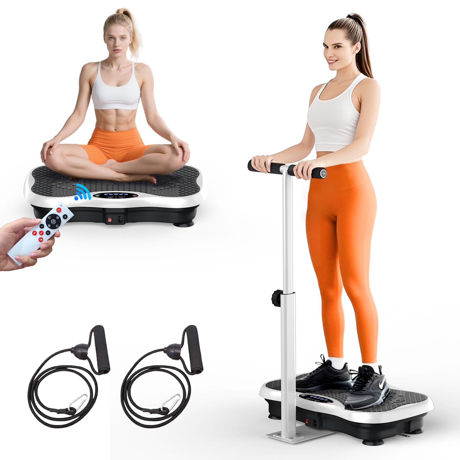 Vibrationsplatte, Rüttelplatte für Zuhause, Vibration Plate mit Verstellbaren Haltestange, Fernbedienung und Spannseil, Vibro Shaper mit Bluetooth-Lautsprecher für Ganzkörpertraining