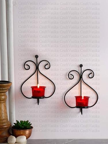 CraftVatika Juego de 2 candelabros de pared de hierro Portavelas de té para el hogar sala de estar Regalos de boda y decoración Iluminación de