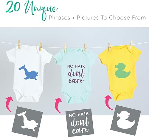 Miniatura 7 de Juego de plantillas de tela, juego de 20 plantillas para baby shower, pintura y decoración, frases y patrones de animales mixtos para mamelucos,