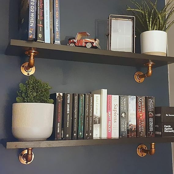 4PCS Industrial Pipe Shelf Bracket Copper Heavy Duty Wall Antique | for Scaffolding Board, Bookshelf, Floating Plumbing Shelves Bracket, 15 x 8 cm