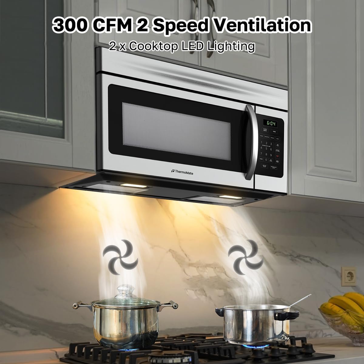 30" Over the Range Microwave Oven, ThermoMate 1.7 Cu. Ft. Capacity Microwave Over the Stove with One Touch, 1000 Cooking Watts, 300 CFM, 10 Power Levels, LED Lighting, Stainless Steel
