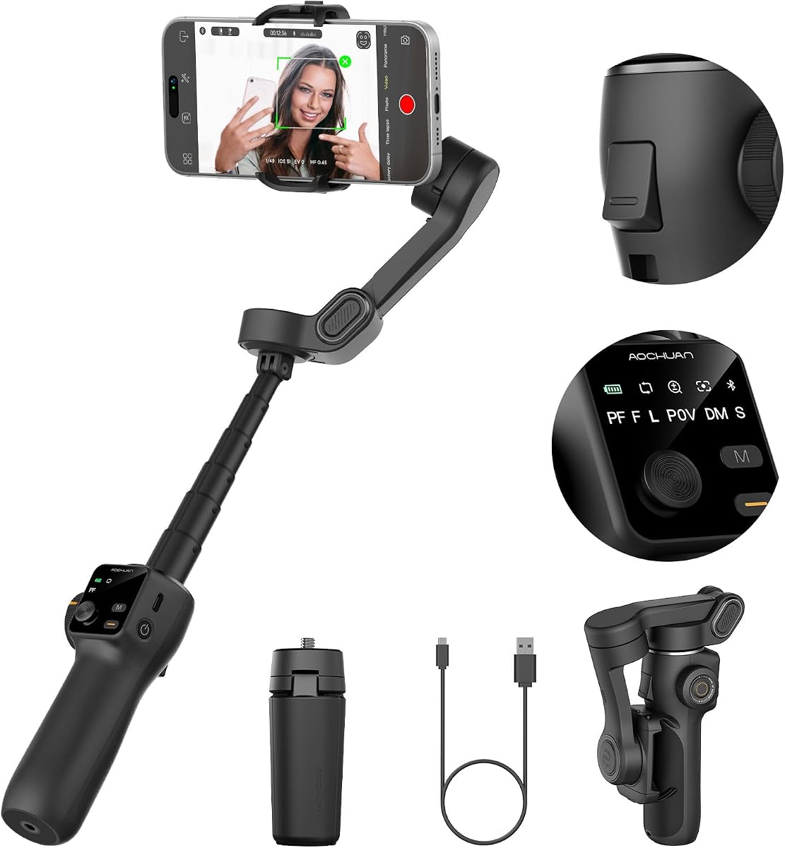 Estabilizador de cardán para iPhone con varilla de extensión, seguimiento facial (SmartV8) | Cardán para teléfono para iPhone con varilla de extensión incorporada de 7,8 pies, pantalla Oled de pantalla completa, ideal para grabación Tiktok (negro)
