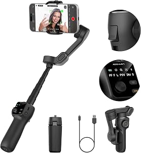 AOCHUAN 3-axis Gimbal Stabilizer w/Built-in 7.8' Extension Rod, Portable Phone Gimbal w/AI Tracking, Smartphone Stabilizer for iPhone w/Full-Screen OLED Display, Trigger Button Smart V8(Black)