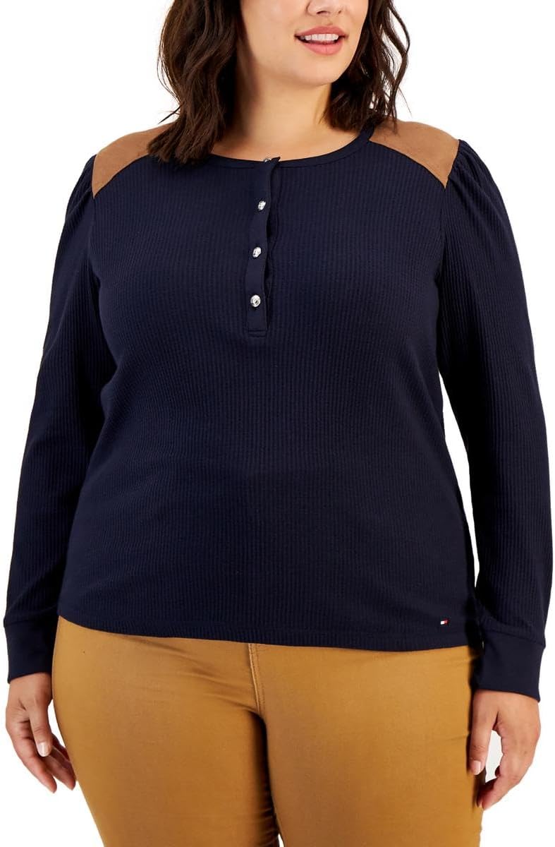 Tommy Hilfiger Womens Plus Waffle Knit Thermal Henley Navy 1X