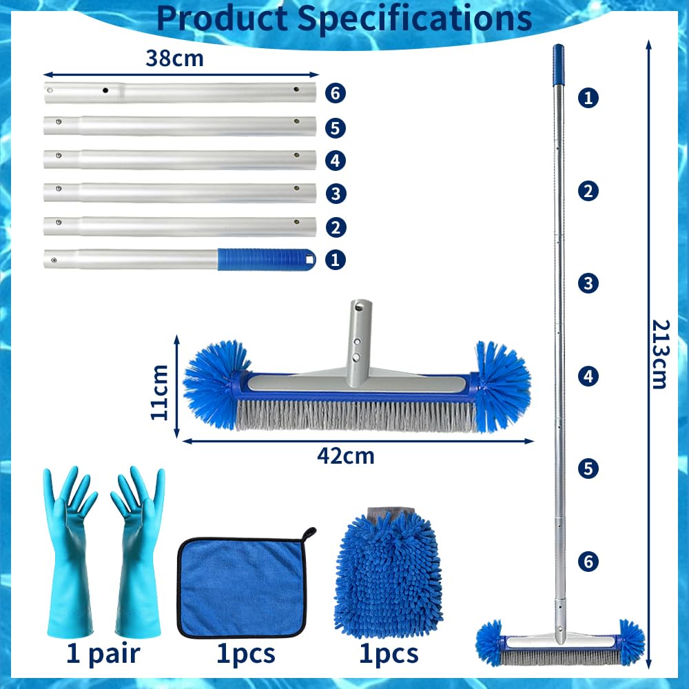 42cm Spazzola Rotonda per Piscina,Spazzola per Piscina con Asta Telescopica,213cm,Spazzola per Pavimenti,per la Pulizia Della Piscina,Bagno,Cucina,Piastrelle