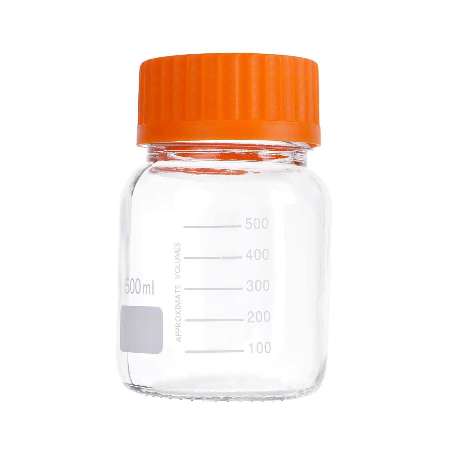 Moonetto Pyrex - Botella de vidrio graduada de boca ancha, 500 ml, con tapa de rosca de polipropileno naranja GL80 (paquete de 6)