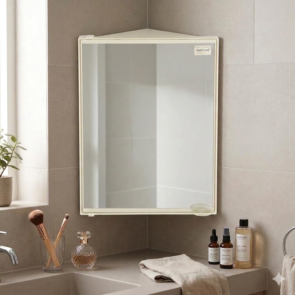NAVRANG INNOVATIONS Plastic Neo Corner Bathroom Cabinet with Mirror and Shelves Ivory 1 Door-picture-20