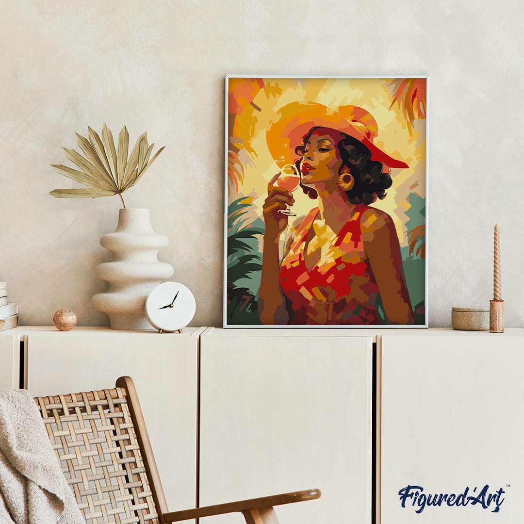 Figured'Art Peinture par Numéro Adulte avec Cadre Femme buvant un verre Art Déco - Activité Manuelle Kit de Loisir Créatif DIY Numéro d'Art Complet - 40x50cm toile tendue sur châssis