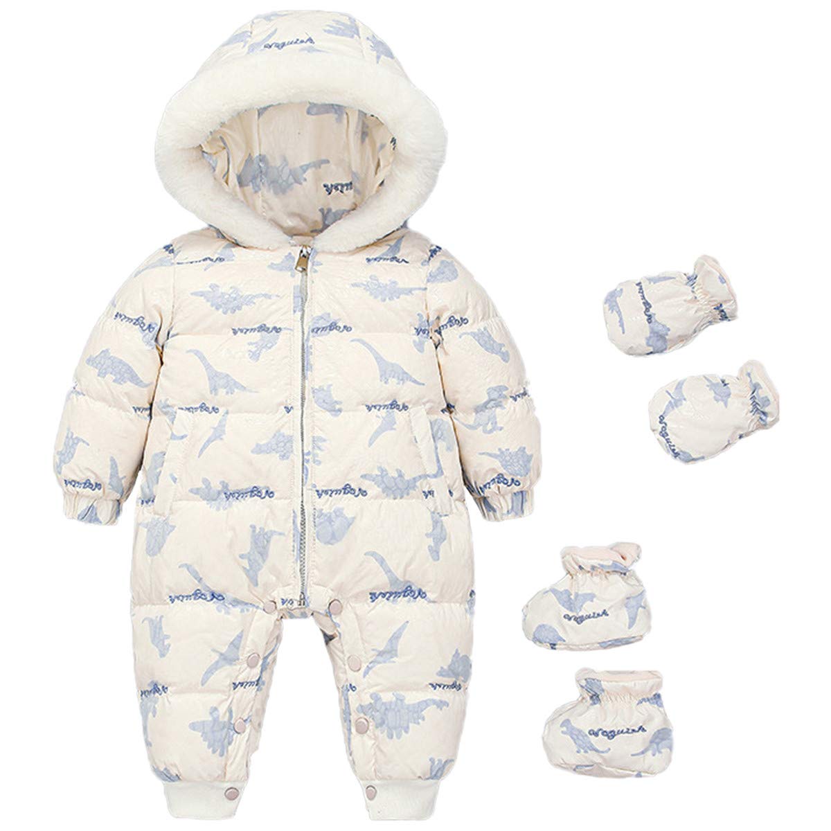 JELEUON 3 Pcs Baby Girls Boys One Piece Zipper Hooded Dinosaur Fur Trim Winter Warm Down Jacket Jumpsuit Romper Snowsuit with Gloves Shoes 18-24M Blue