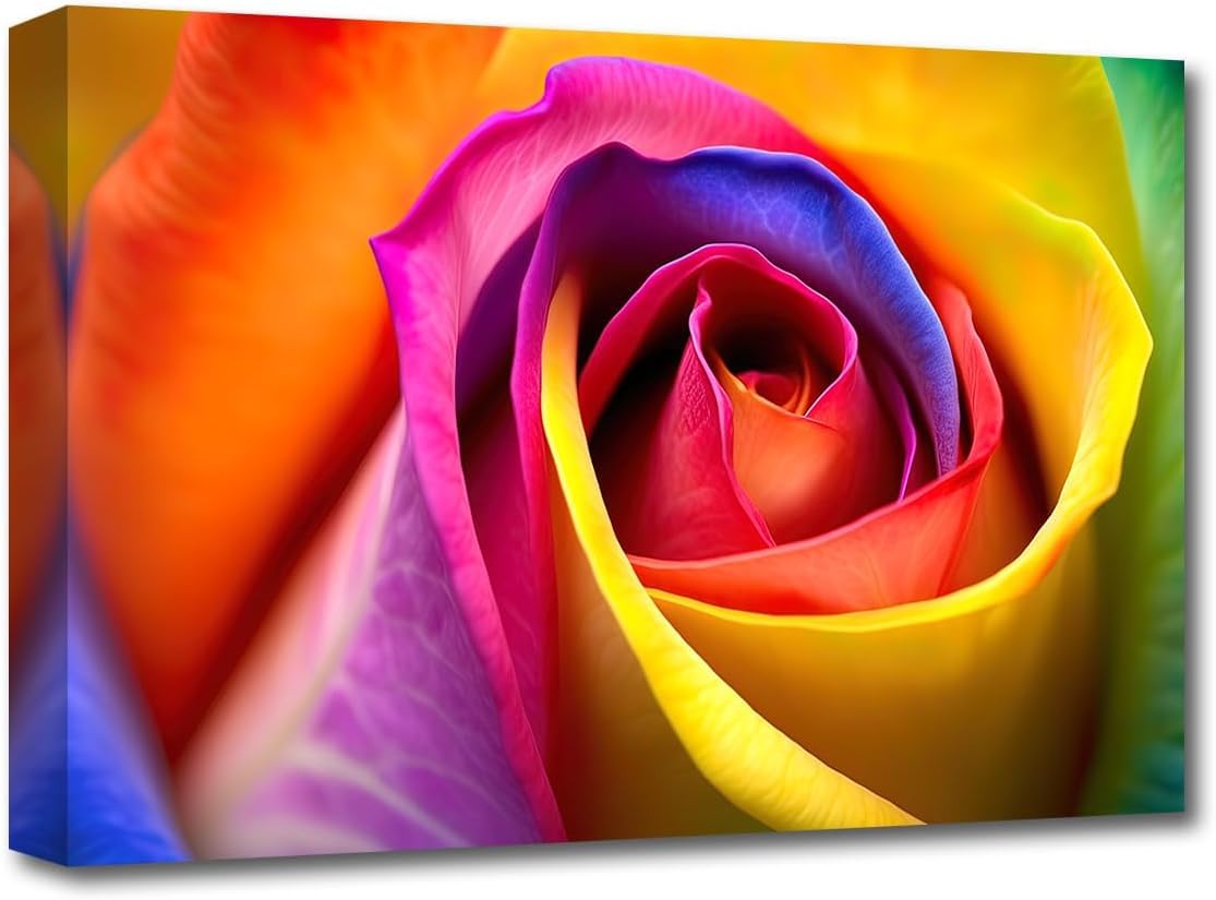 LZIMU Colorful Rose Canvas Wall Art Rainbow Rose Flower Picture Walls Decoration Floral Blooming Painting Print for Bathroom Home Decor Framed (Colorful, 28"x42") — image 1