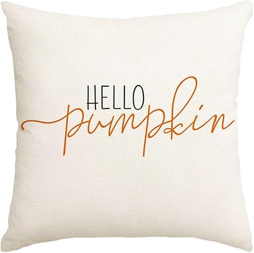 RABUSOFA Fundas de almohada de otoño de 18 x 18 pulgadas, color blanco, con texto en inglés "Hello Pumpkin", almohadas decorativas, para exteriores,