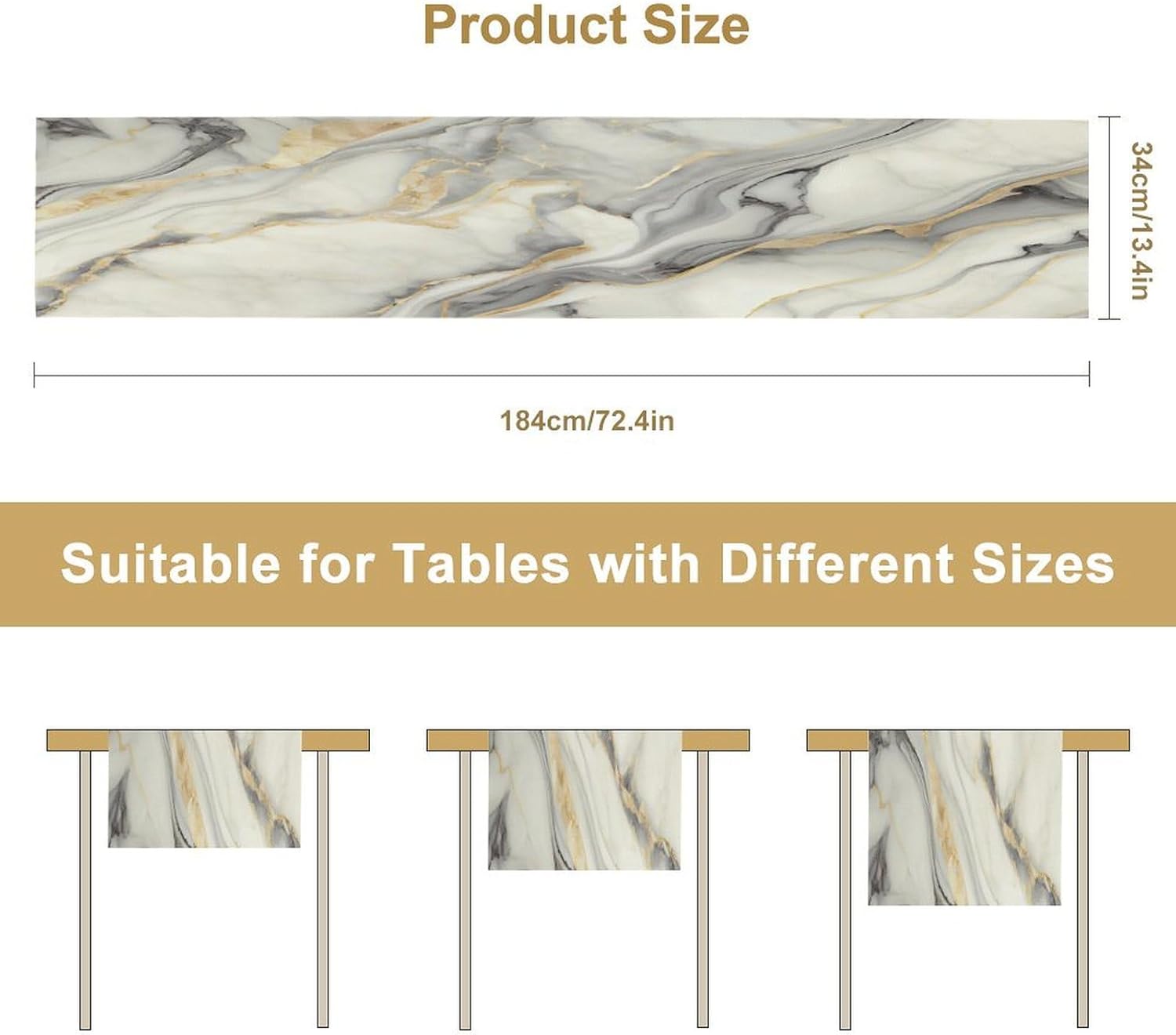 Abstract Marble Table Runner, Grey White Gold Ink Marble Texture Table Runner for Kitchen Dinning Room Home Party Decor, 13x108 Inch