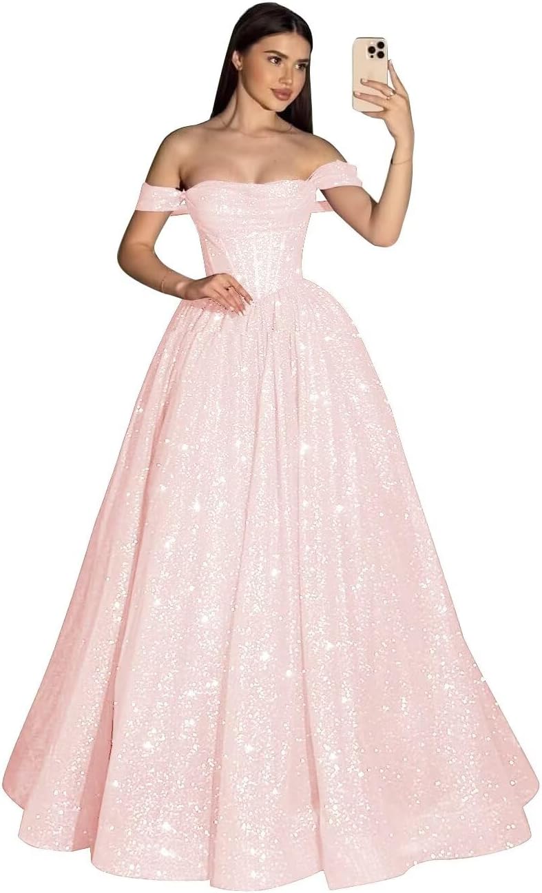 Sparkly Sequin Prom Dresses 2026 Long Off Shoulder Tulle Formal Gown Corset A Line Evening Ball Gown