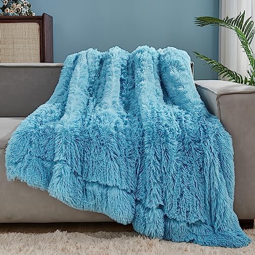 GONAAP Fuzzy Faux Fur Throw Blanket Sky Blue Super Soft Cozy Plush Fuzzy Shaggy Blanket for Couch Sofa Bed (Sky Blue, Throw(50"x60"))