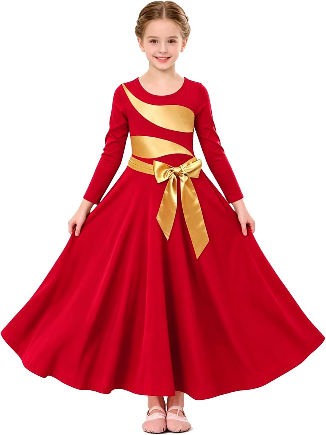 Girls Praise Dance Dress Irregular Gold Metallic Long Sleeve Liturgical Worship Church Lyrical Dance Costume