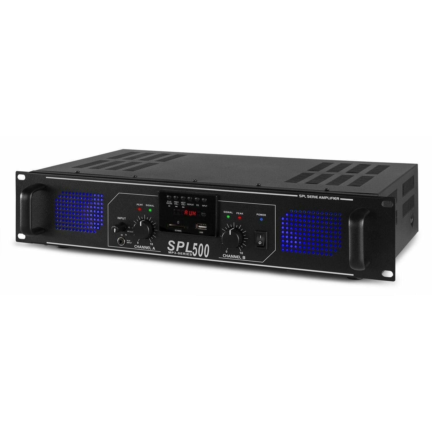 Skytec SPL500MP3 - Amplificateur professionnel, 2X 250 Watts Noir, SD, MP3, USB idéal pour une utilisation mobile, DJ, HIFI, Home Cinéma