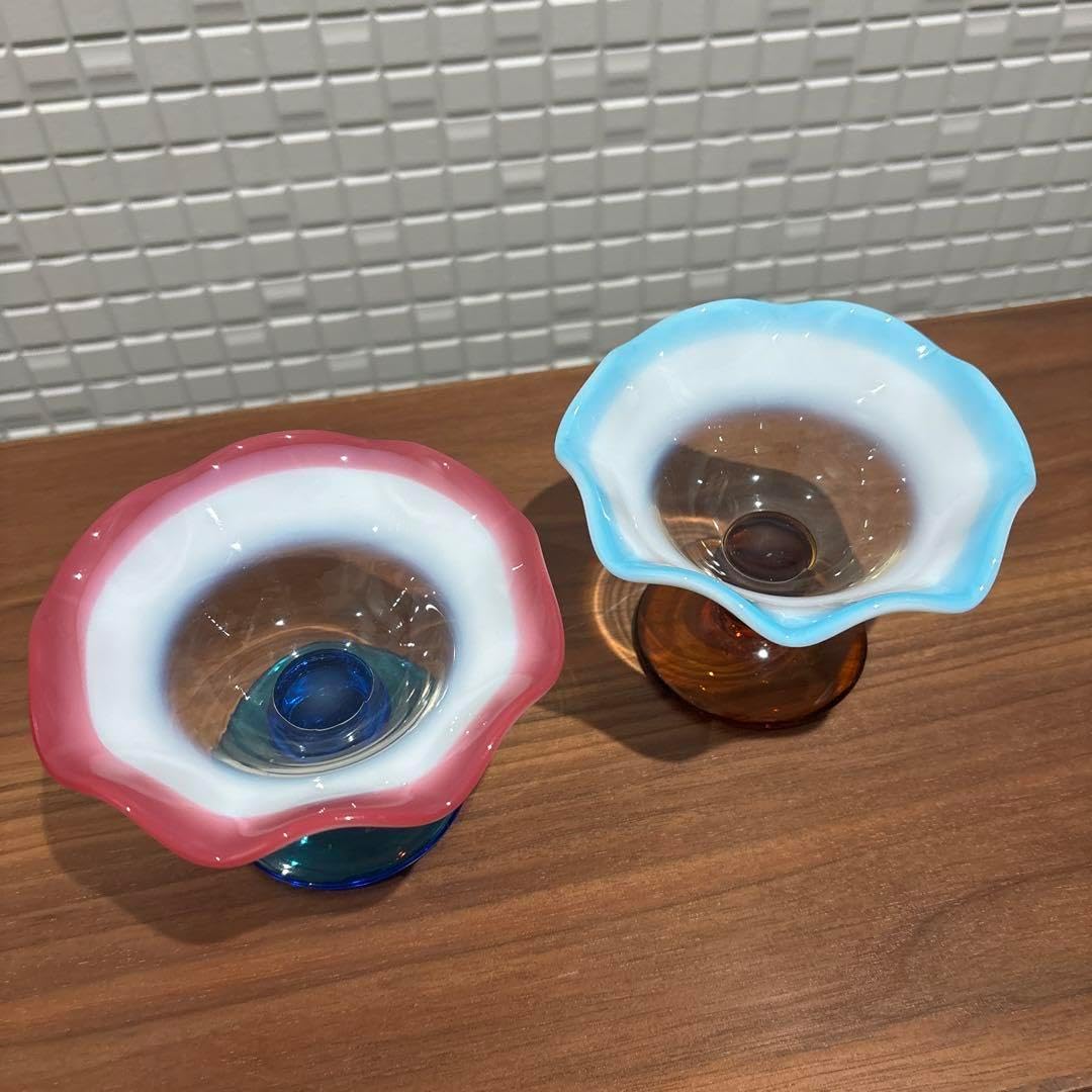 氷コップ 三色 手吹き ガラス 乳白色 レトロ 色付き脚 セット 【公式通販】