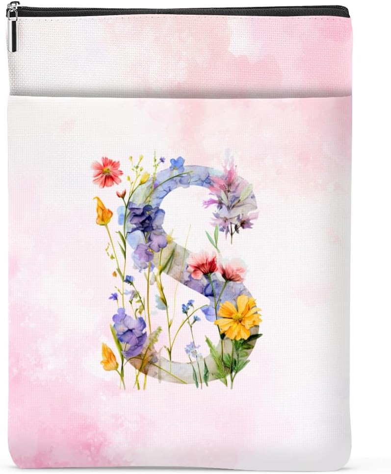 Initial Book Sleeve Book Cover Personalized Floral Book Protector with Zipper Bachelorette Party Bridal Shower Graduation Birthday Monogrammed Gifts for Women Friends Girls Book Lovers Gifts, S