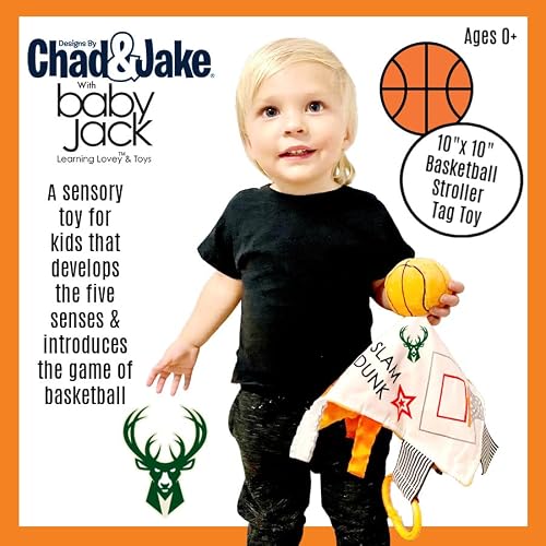 The Learning Lovey Milwaukee Bucks Baby Tag Toy - NBA Basketball - Baby Sensory Crinkle Toys - Soft & Safe - Ideal Baby Stroller Toy - BPA Free w/Stroller Clip