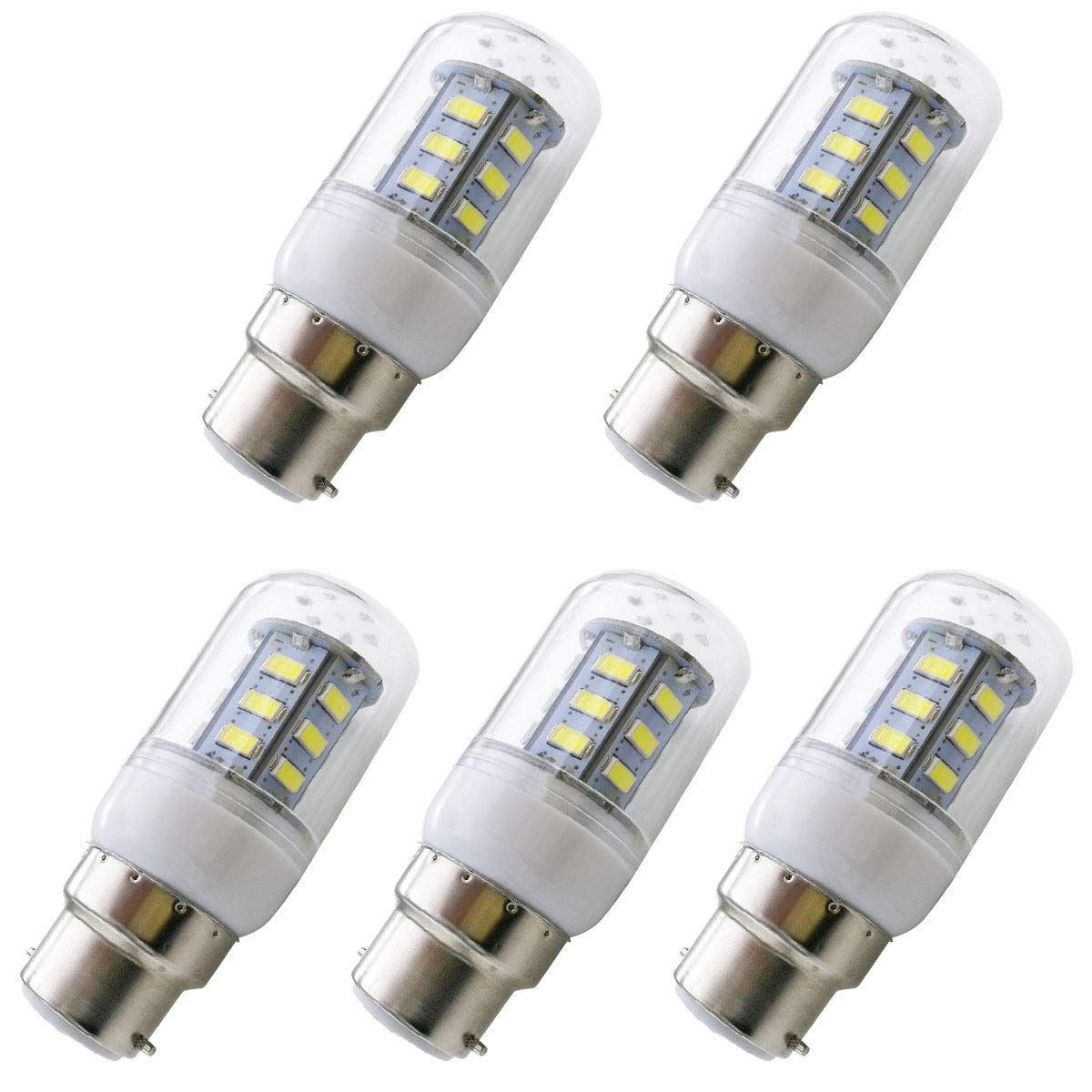 Aoxdi LED B22 Bayonet Cap Light Bulb, 24 SMD 5730 LED Corn Lamp, AC220-240V, 5-Pack (Cool White)