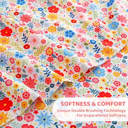 Image of Mooreeke Cozy Floral Microfiber Printed Floral Full Sheet Set - Soft & Breathable Colorful Flower Custers Bed Sheets with Extra Deep Pocket - Non-Slip Fitted Design - Colorful Flower Pattern - Full