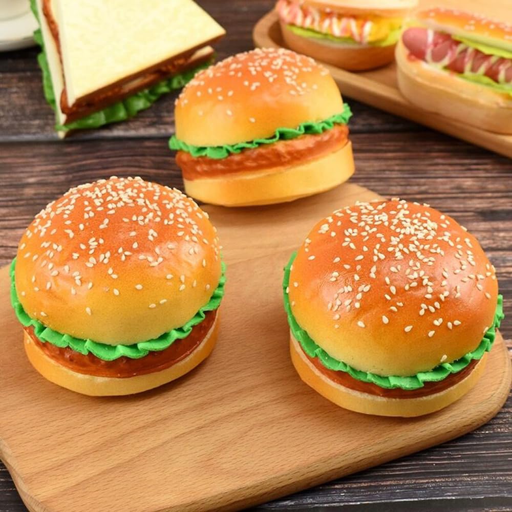 Mellsunny 4PCS Realistic Artificial Hamburger Lifelike Burger Fake Food Bread Model Photography Prop for Home Kitchen Shop Party Display Decoration