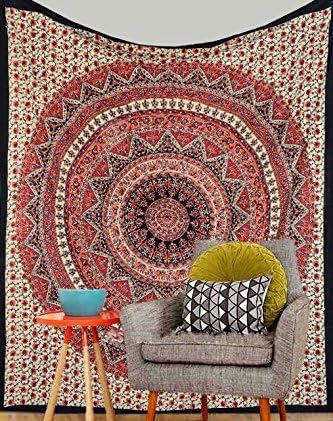 Bohemian Psychedelic Intricate Floral Design Kerala Tapestry Wall hanging Magical Thinking Tapestry Indian Hippie Bedspread Tapestry (Queen (84 X 85 inches approx), Orange-Black Border)