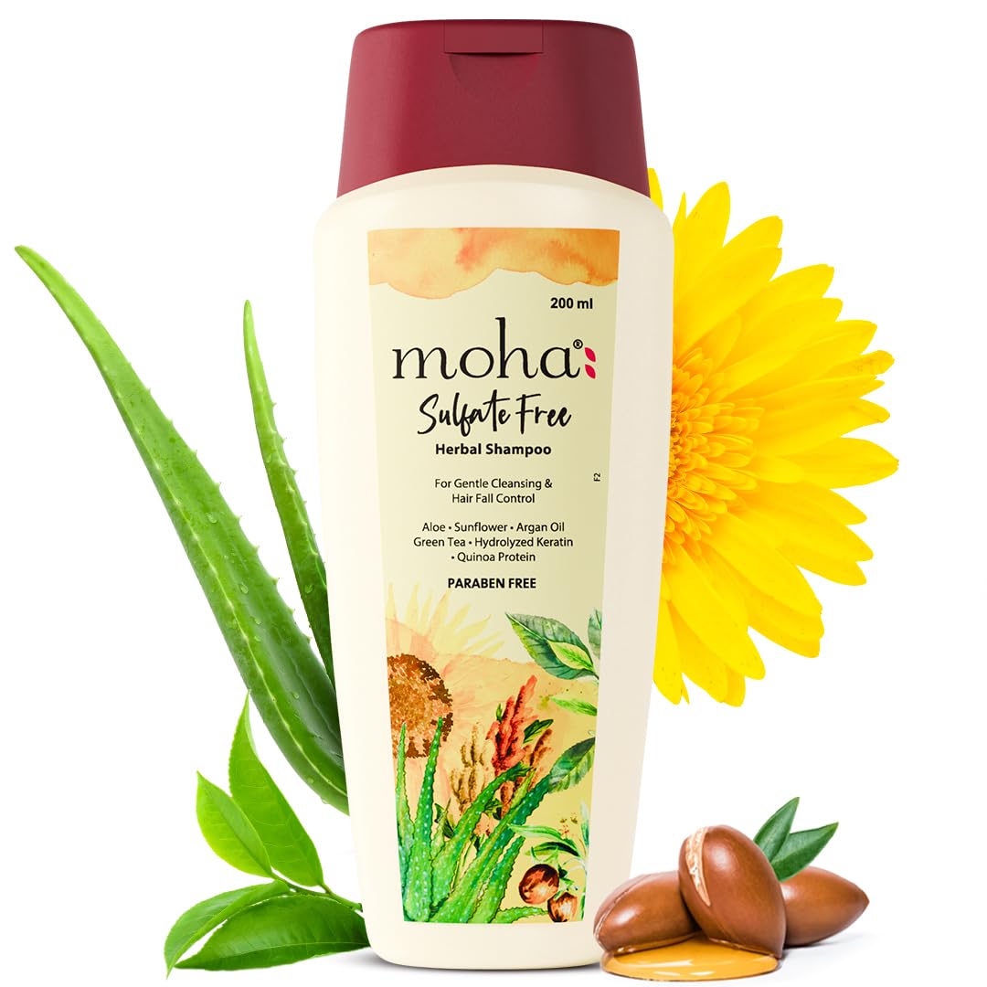 Moha Sulfate-Free Herbal Shampoo with Aloe Vera, Green Tea, Quinoa Protein, Sunflower & Argan Oil for Gentle Cleansing, Retains Hair Colour & Hair Fall Control | Deeply Nourishes, Restore Natural Health, Repairs Damaged Hair & Perfect for Hair Growth | Add Natural Shine, Soothes Scalps, Strengthen Roots, Smoothes Frizz & Improves Textures | Best Sulphate & Paraben-Free Shampoo for Women & Men – 200 ml (Pack of 1)