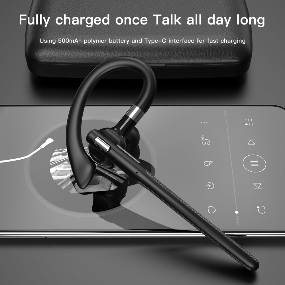 UNVO YYK-526 earphone being charged via its Type-C interface, with a phone displaying music playback.