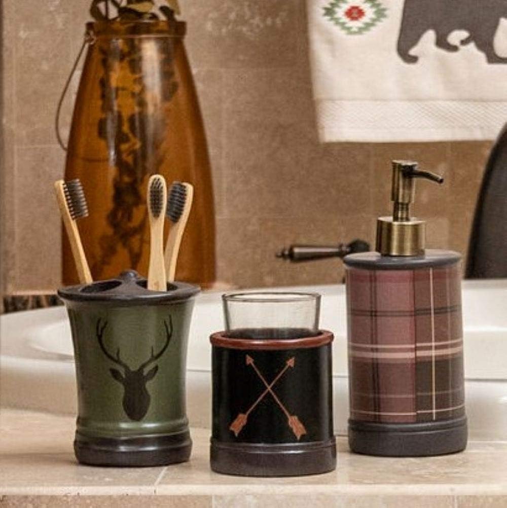 Paseo Road Aztec Bear 3 Piece Cabin Lodge Bathroom Countertop Set with Soap Lotion Dispenser, Tumbler, Toothbrush Holder, Arrow Deer Print, Western Rustic Southwestern Style