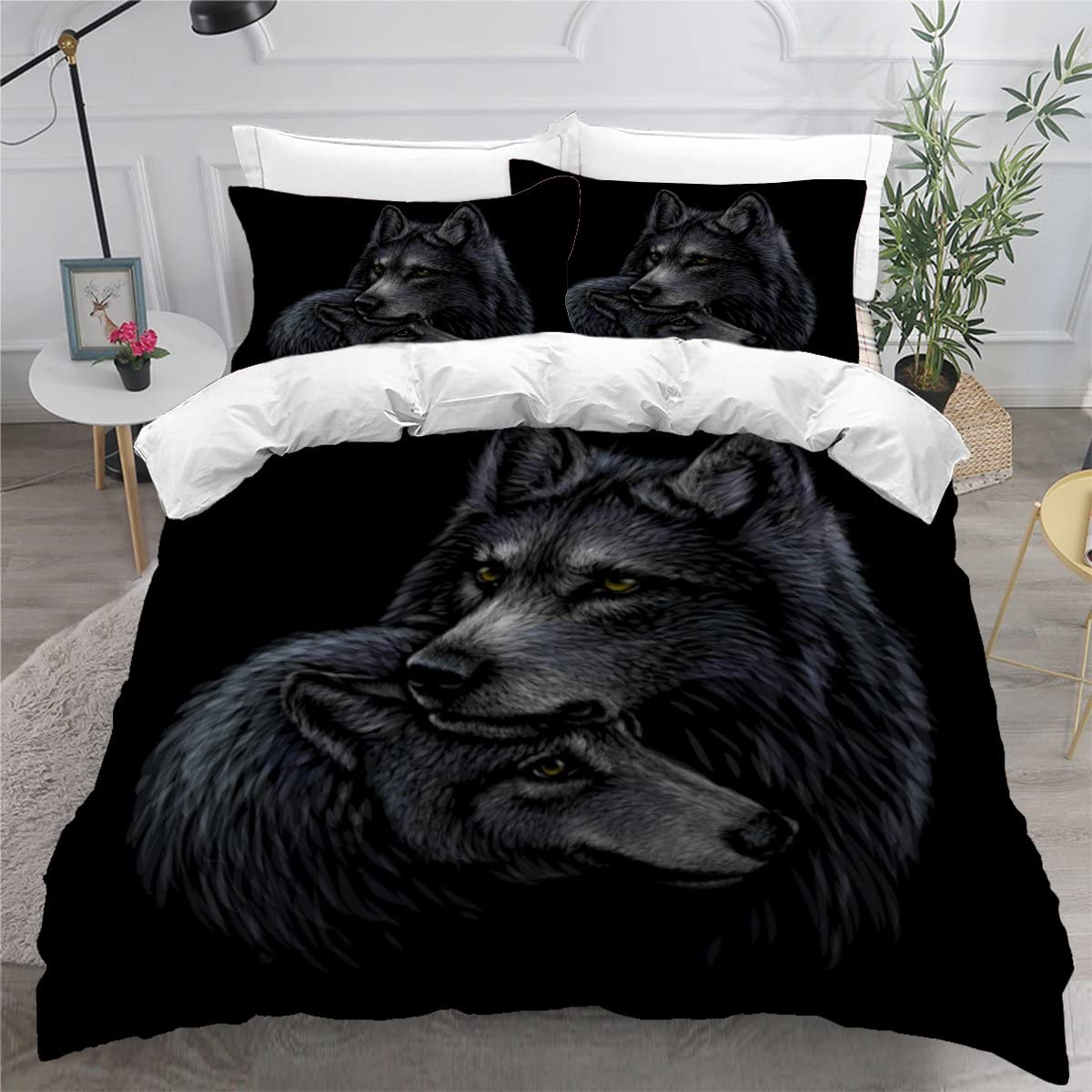 Housse de couette 220x240 loup noir avec 2 taies 50x75 pour lit adulte 2 personnes