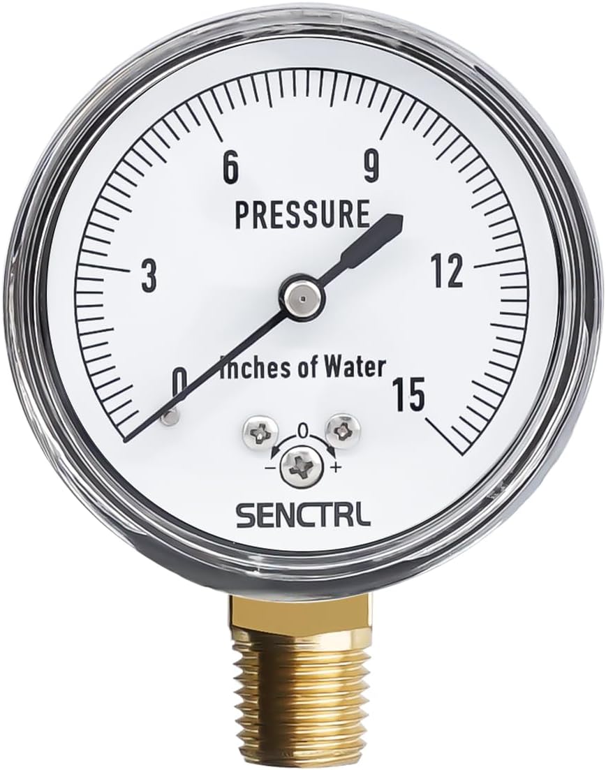 SENCTRL 0-15 Inches of Water Column Gauge, Low Pressure Capsule Gauge, 2-1/2" Dial Size, 1/4" NPT Lower Mount, Zero Adjustment, for Air Water Gas Pressure Test