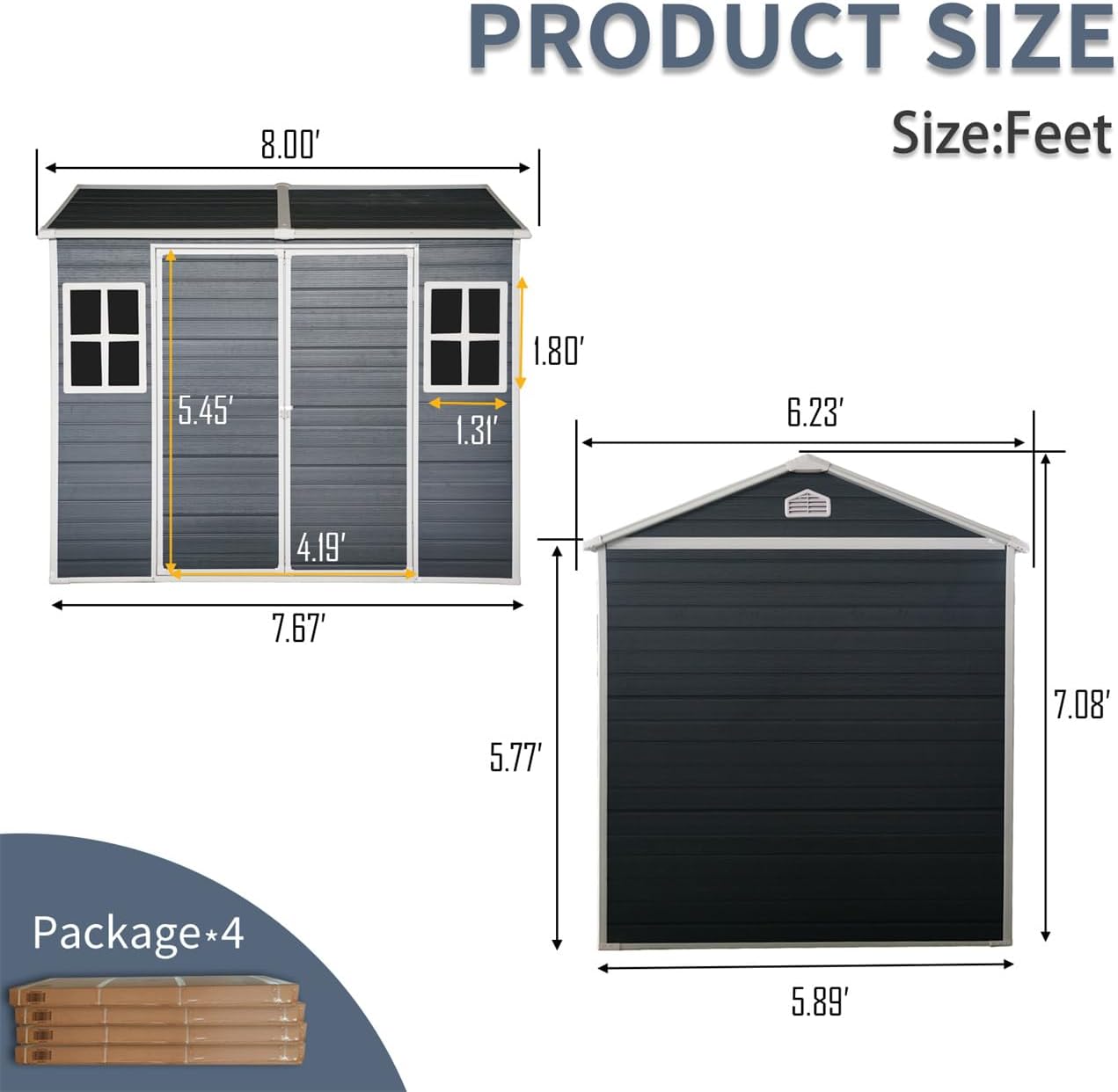 Resin Outdoor Storage Shed Waterproof Shed with Floor & Two Windows & Lockable Door, Tool Shed for Garden, Patio, Backyard (Black, 8 x 6 FT)
