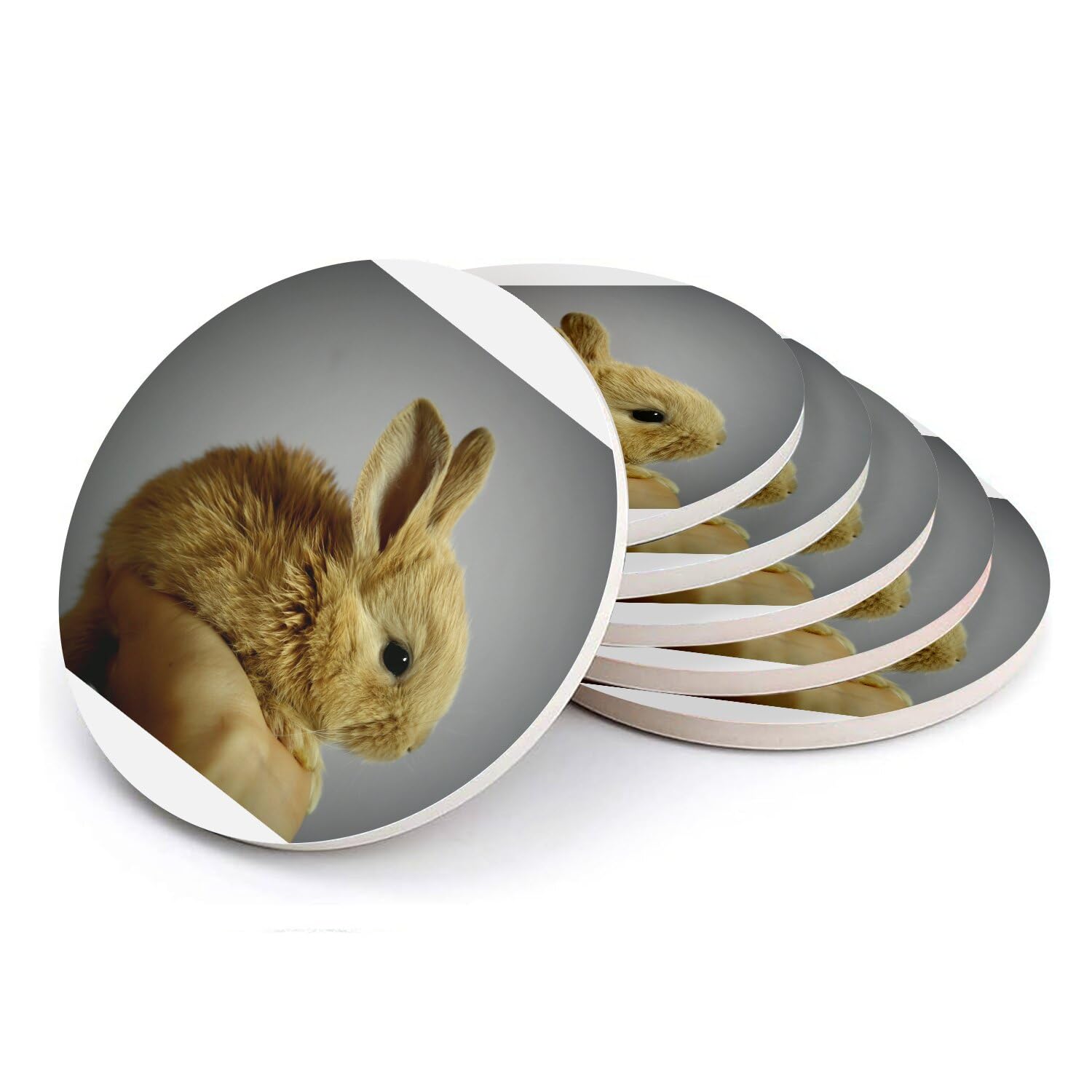 Sous verre ronds en céramique et liège premium décor animalier lapin nain de 108mm