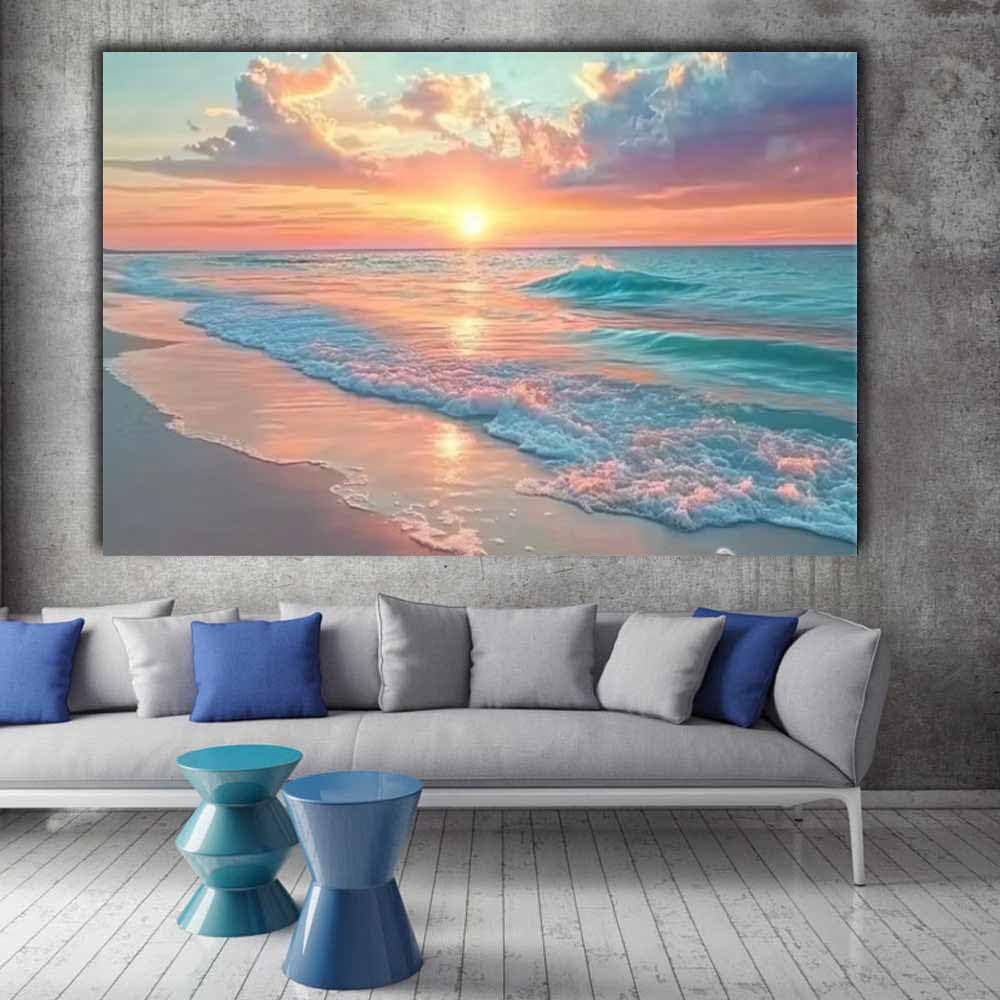 QUSAAOU Wandbilder Wohnzimmer Sonnenuntergang Ozean Welle Sandstrand Meer Strand Wand Deko Vlies Leinwand Bilder Wanddeko Wohnzimmer Schlafzimmer Kunstdrucke Panoramabild(Pink)-30x45cm1 Gerahmt
