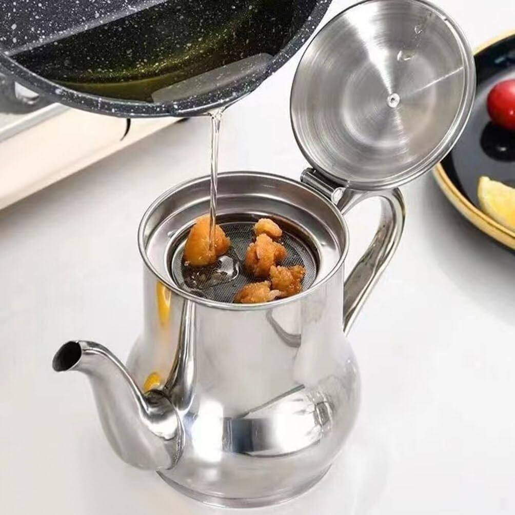 UPKOCH Kitchen Oil Strainer Container with Comfortable Handle Stainless Steel Grease Filter Pot for Household Oil Storage and Cooking 4.13X2.87X2.67 Inch
