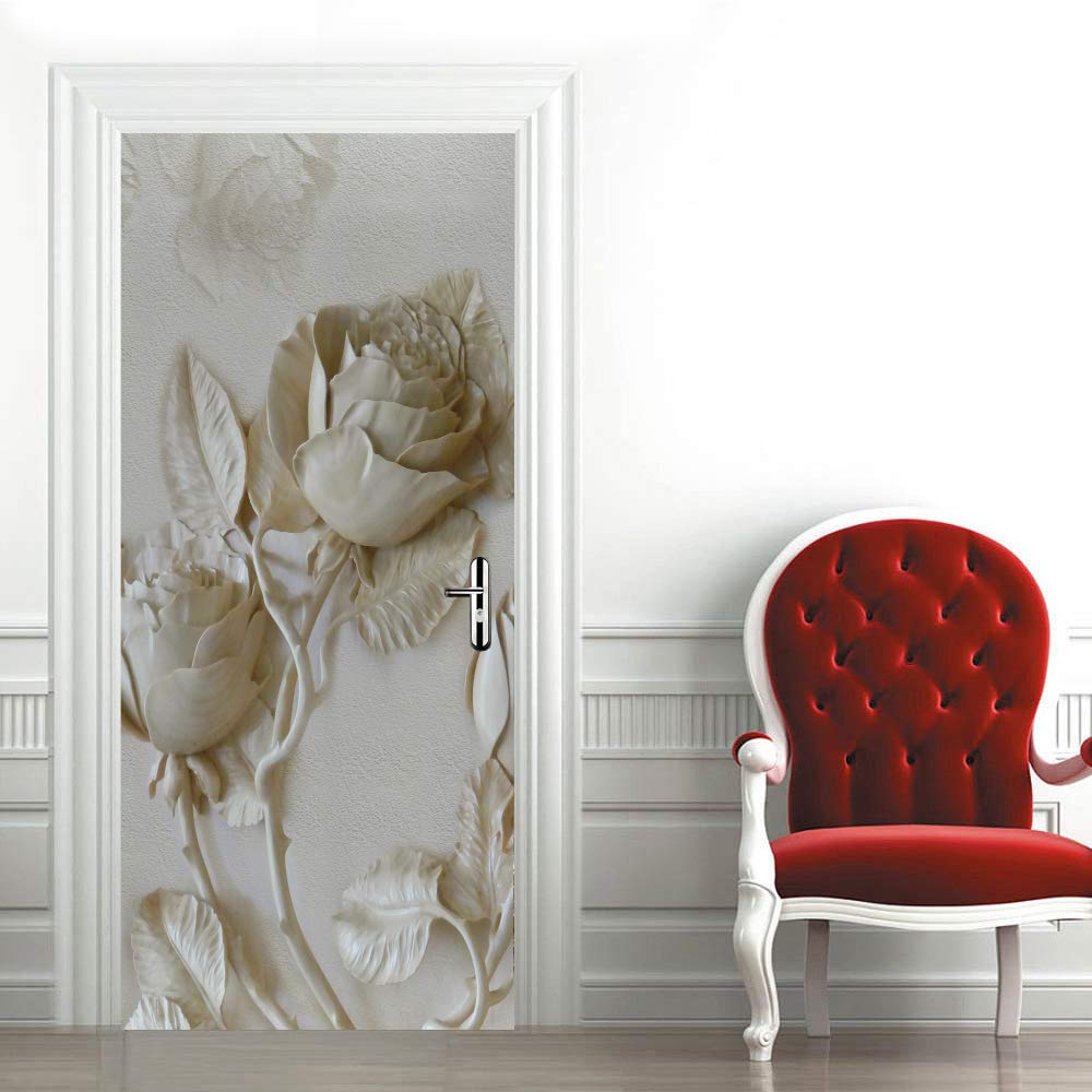 Papier Peint Porte Trompe l'Oeil 3D Les Roses Sticker Mural en PVC 95x215 cm