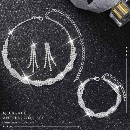 Unicra Wedding Jewelry Sets Silver Rhinestone Necklace Earrings Bracelet Sets Prom Jewelry Accessories for Women and Brides3